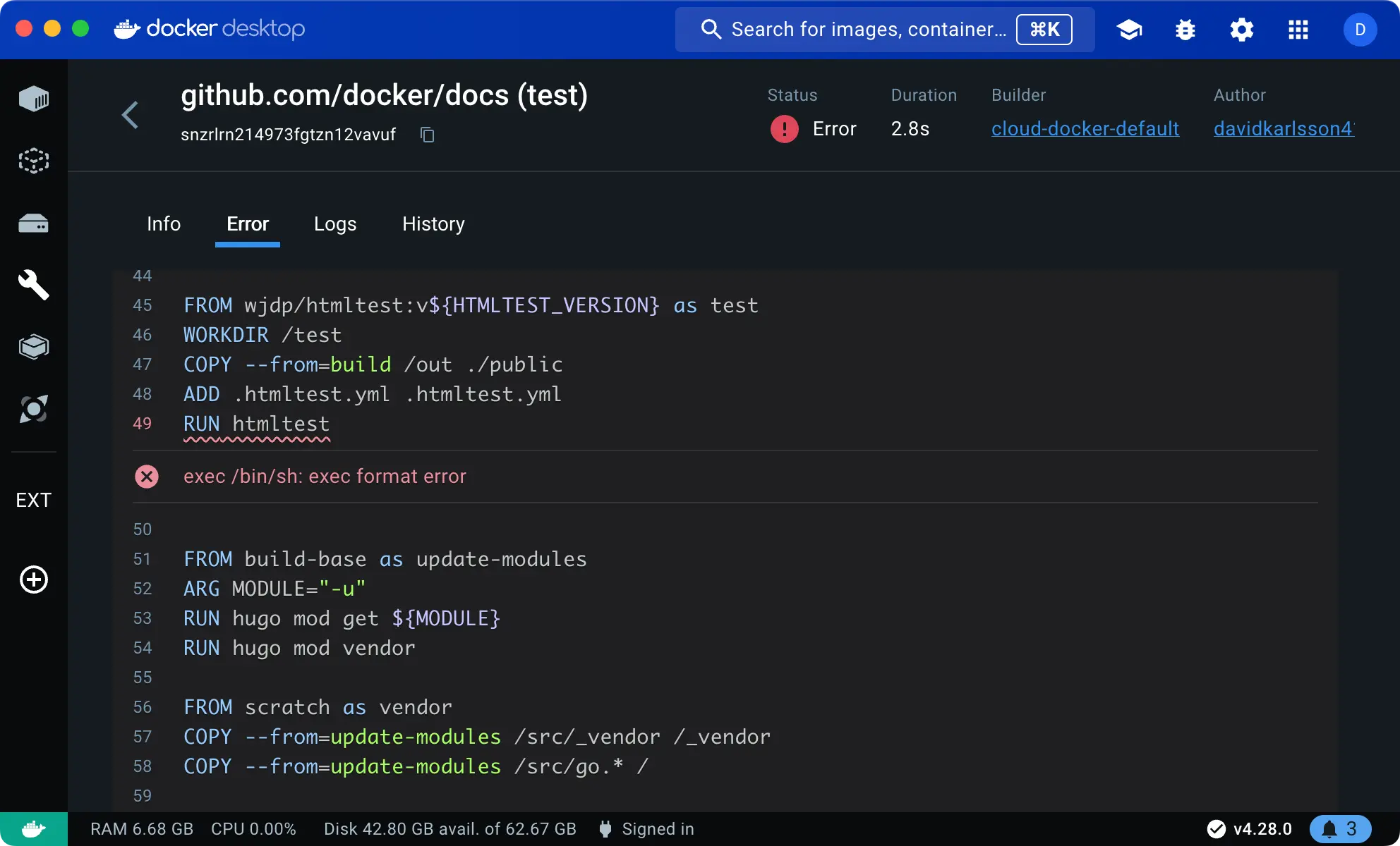 Dockerfile 中内联显示的构建错误