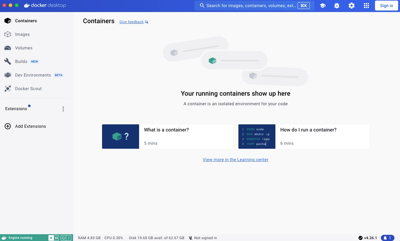 容器视图上的 Docker 仪表板