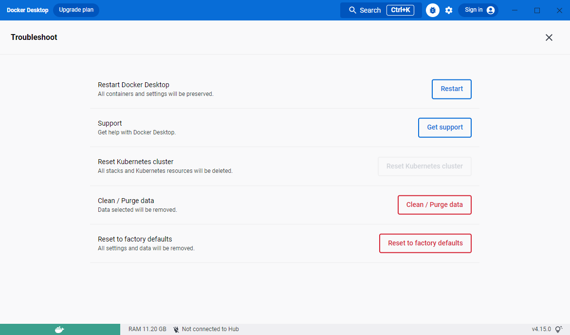 Docker Desktop 中的菜单故障排除
