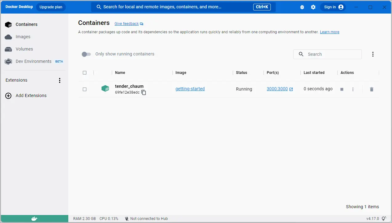 运行入门容器的 Docker Desktop