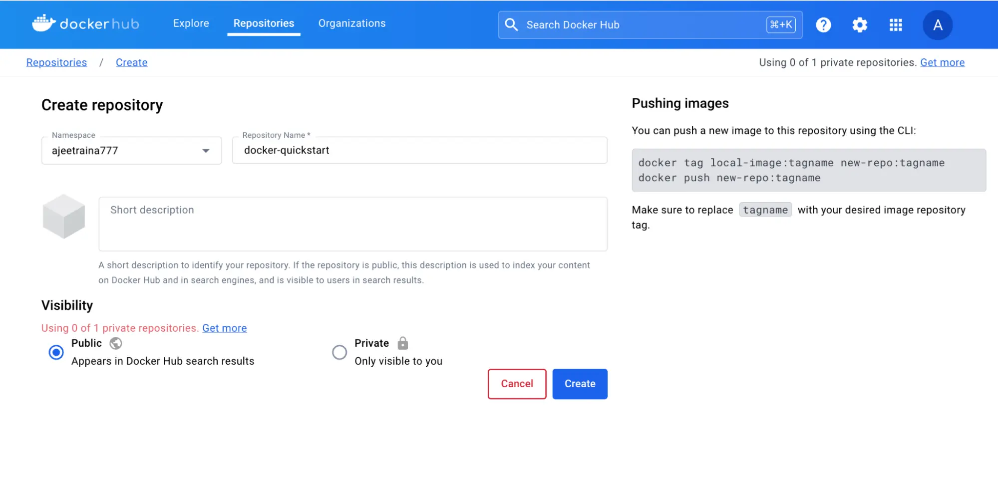 Docker Hub 页面的屏幕截图，显示如何创建公共存储库