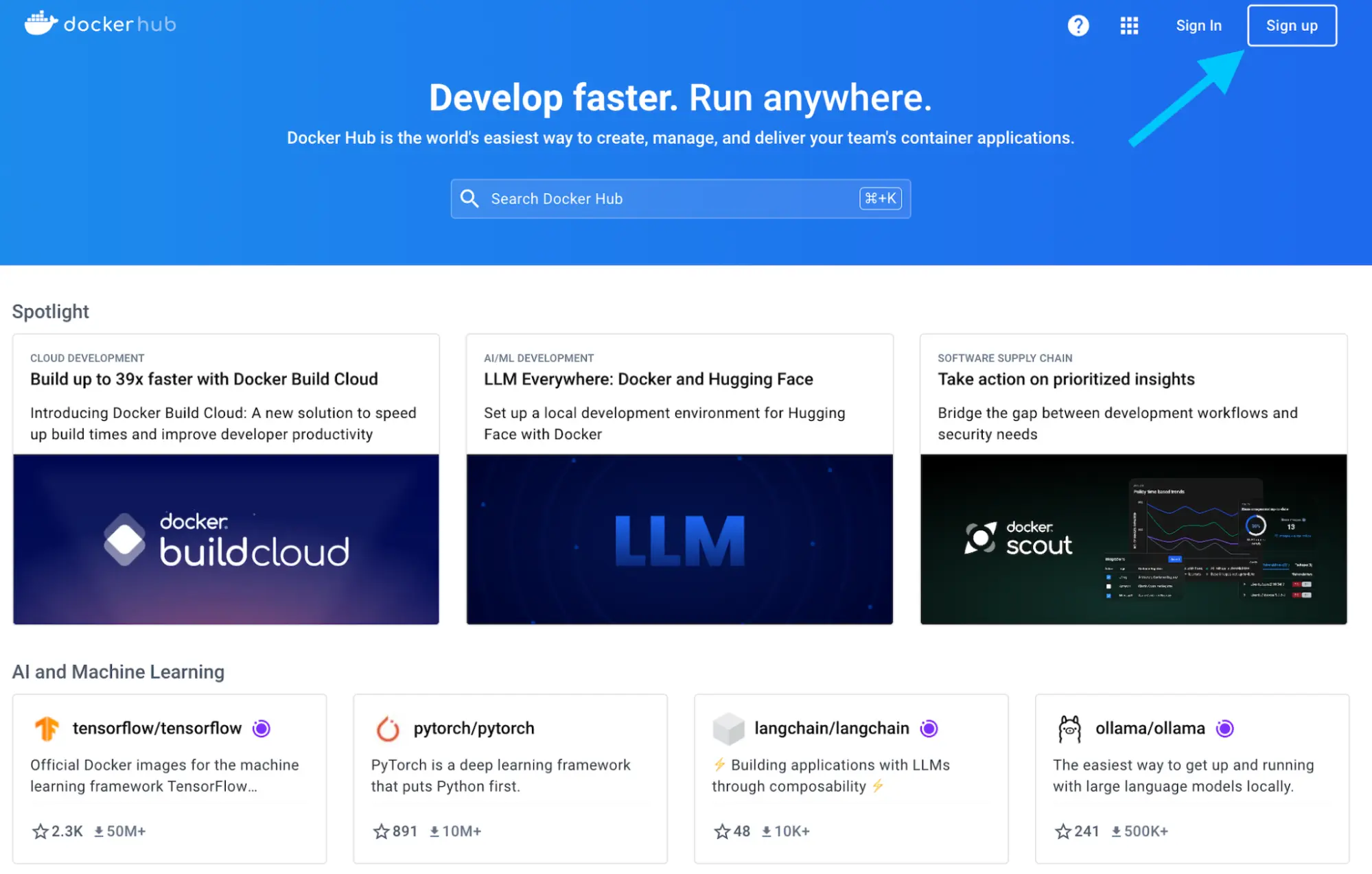 显示注册页面的官方 Docker Hub 页面的屏幕截图