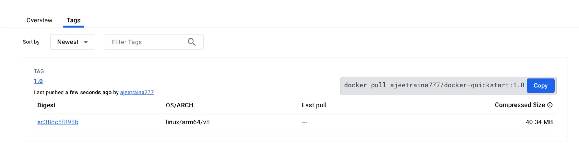 显示新添加的镜像标签的 Docker Hub 页面的屏幕截图