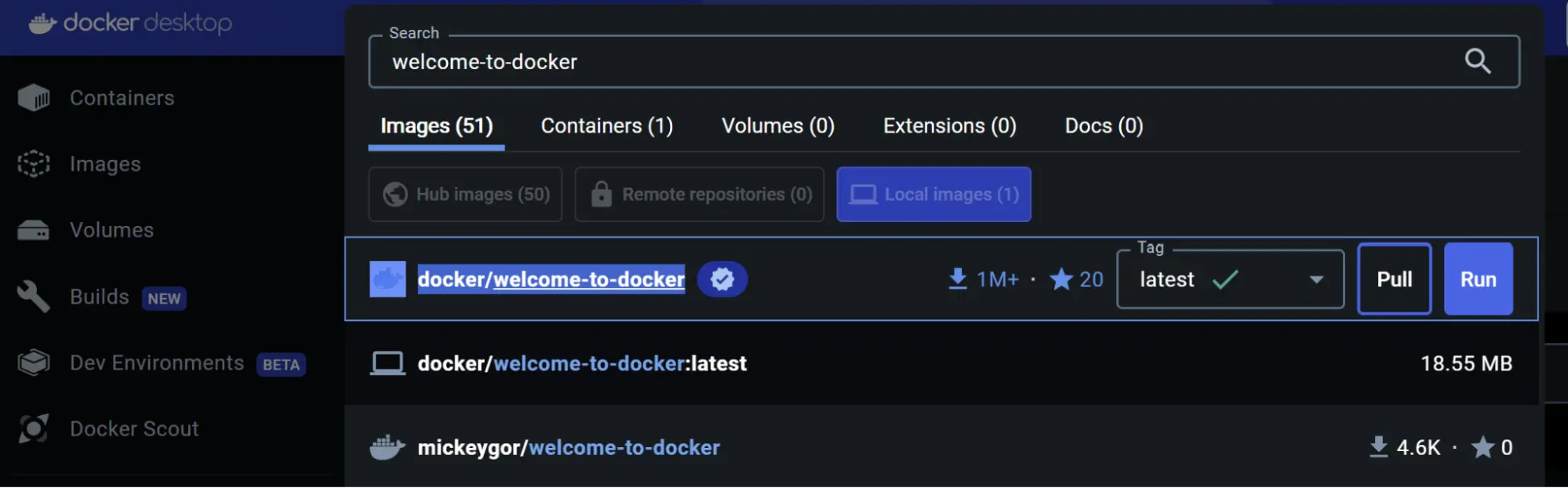 Docker 仪表板的屏幕截图显示了welcome-to-docker Docker 镜像的搜索结果