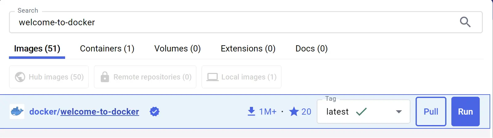 Docker 仪表板的屏幕截图，显示 docker/welcome-to-docker 映像的搜索结果