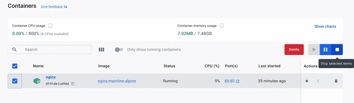 Docker 仪表板的屏幕截图，其中选择了欢迎容器并准备停止