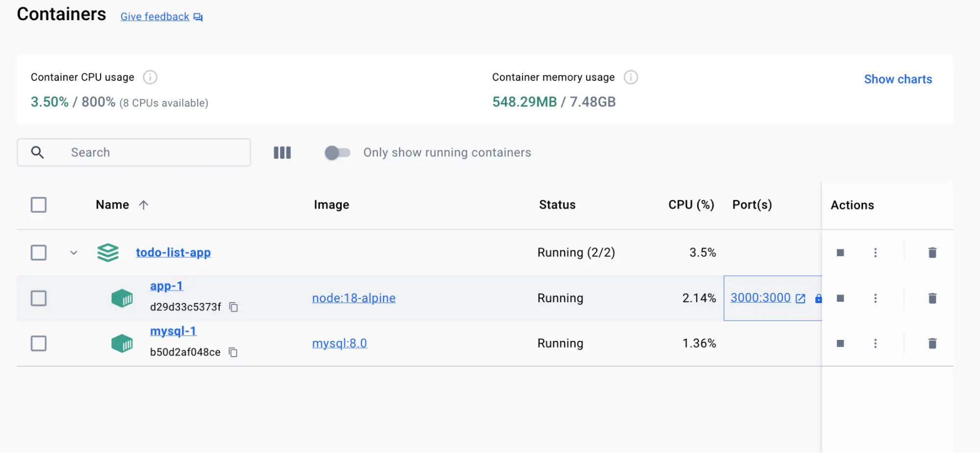 Docker Desktop 仪表板的屏幕截图，显示运行 todo-list 应用程序的容器列表