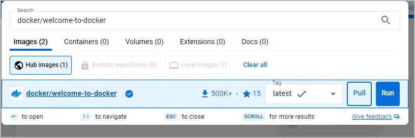 在 Docker Desktop 中搜索欢迎使用 docker 镜像